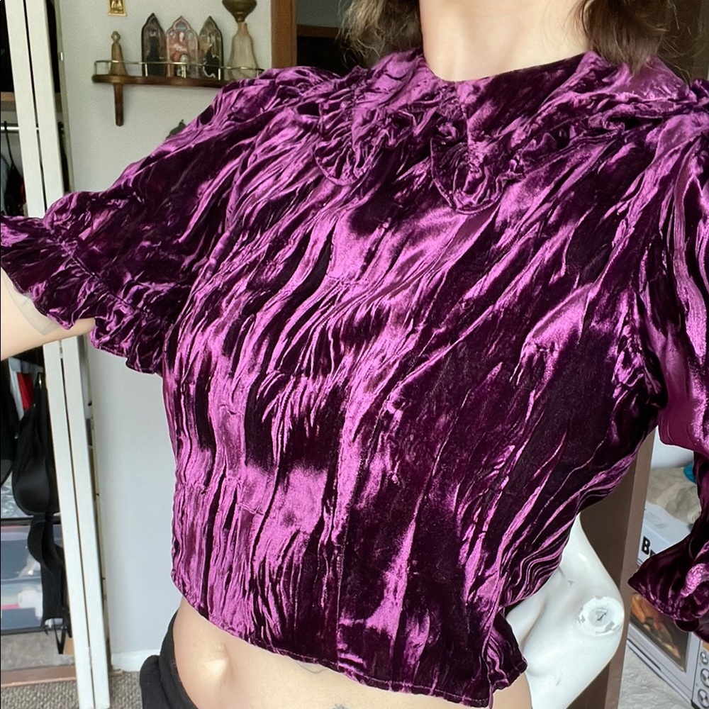 Batsheva Purple Puff Sleeve Crop Blouse
